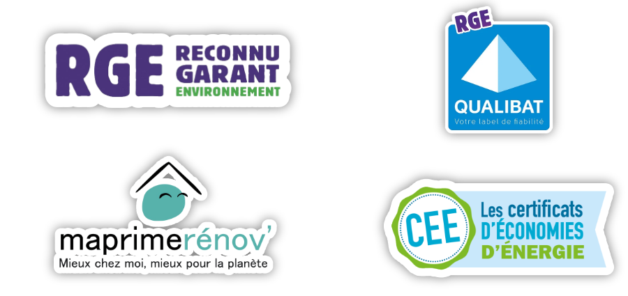 4 logos : RGE, Qualibat, Maprimerénov', Certificats d'économies d'énergie